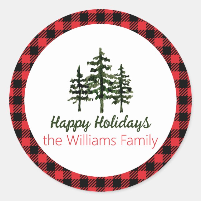 Happy Holidays Red and Black Check Classic Round Sticker (Front)