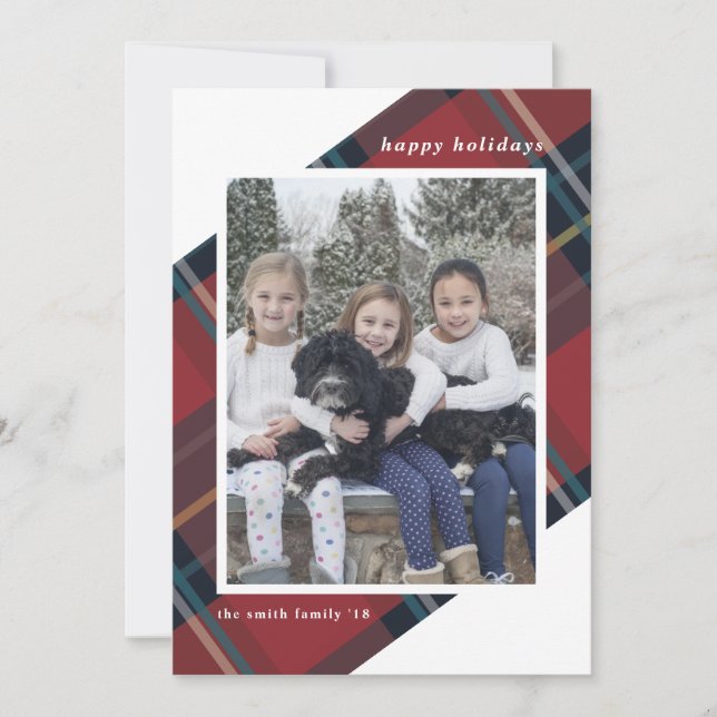 Happy Holidays Red and Blue Plaid Christmas Photo Holiday Card (Front)