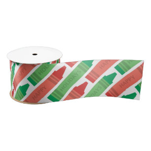 Happy Holidays Red and Green Crayon Pattern Satin Ribbon