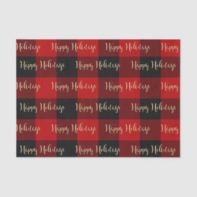 Happy Holidays Red Black Buffalo Plaid Pattern Tissue Paper (Front)