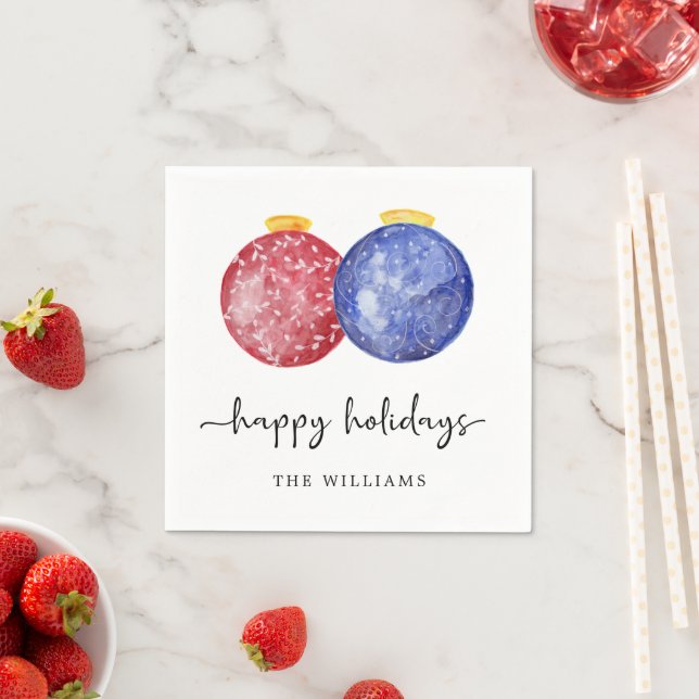 Happy Holidays Red Blue Watercolor Ornaments Chic Napkin (Insitu)