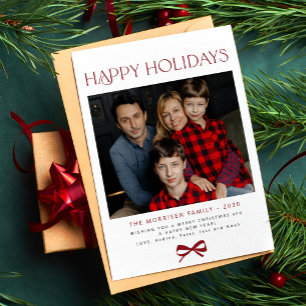 Happy Holidays red bow modern family photo Holiday Card