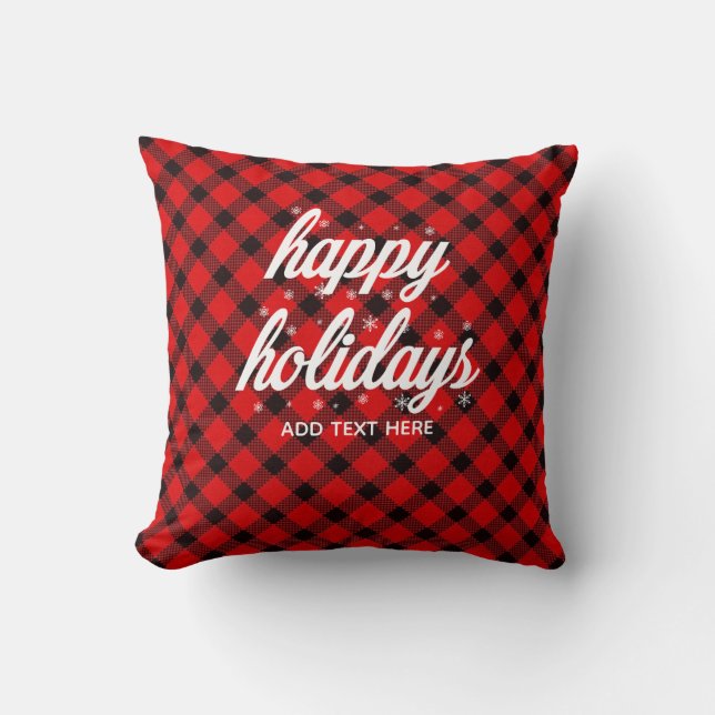 Happy Holidays Red Buffalo Check Throw Pillow (Front)