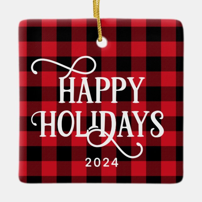 Happy Holidays Red Buffalo Plaid Family Photo Ceramic Ornament (Front)