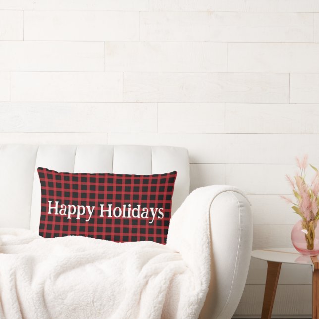 Happy Holidays Red Buffalo Plaid  Lumbar Cushion (Couch)