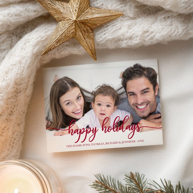 Happy Holidays Red Calligraphy Photo Christmas Postcard (Creator Uploaded)
