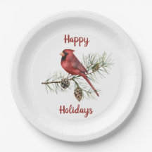 Happy Holidays Red Cardinal on Pine Branch