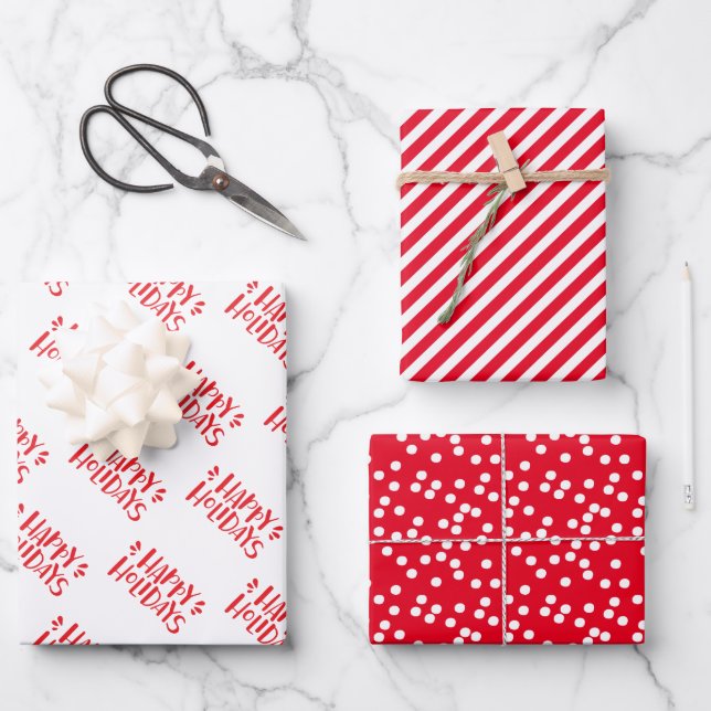 Happy Holidays  - Red Christmas Patterns Wrapping Paper Sheet (Front)