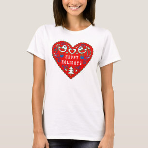 Happy Holidays Red Festive Folk Art Heart T-Shirt