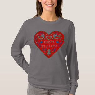 Happy Holidays Red Festive Folk Art Heart T-Shirt
