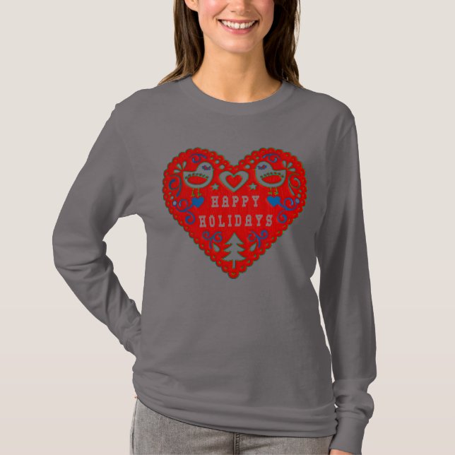 Happy Holidays Red Festive Folk Art Heart T-Shirt (Front)