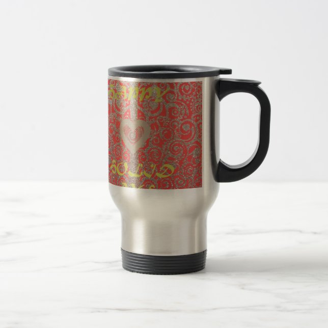 Happy Holidays Red Glitter heart design Travel Mug (Right)