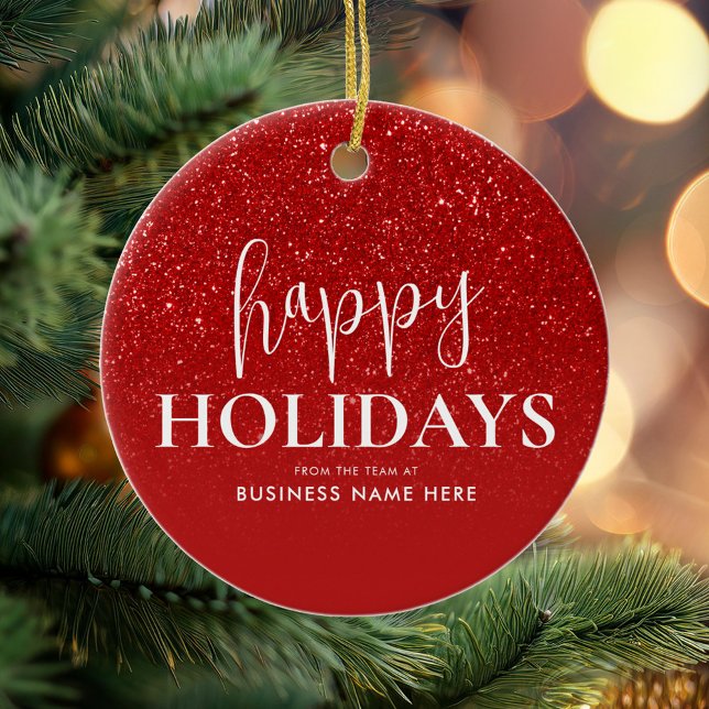 Happy Holidays Red Glitter Modern Business Ceramic Tree Decoration (Creator Uploaded)