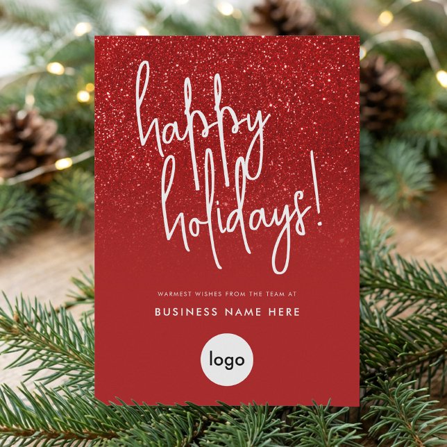 Happy Holidays Red Glitter Modern Minimal Business Holiday Card (Creator Uploaded)