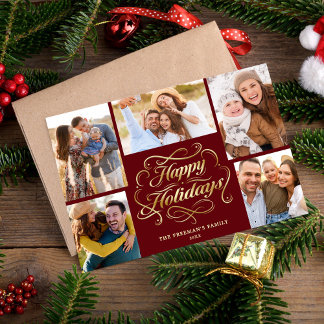 Happy Holidays Red & Gold 5 Photo Collage Card