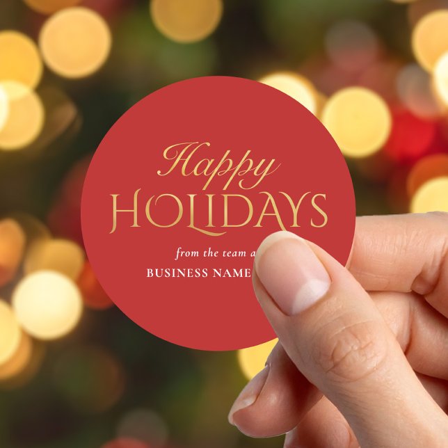Happy Holidays Red Gold Business Christmas Classic Round Sticker (Creator Uploaded)