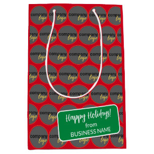 HAPPY HOLIDAYS RED GREEN BUSINESS LOGO BRANDED  MEDIUM GIFT BAG