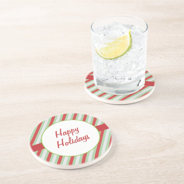 Happy Holidays Red, Green & Grey Stripes Coaster (Side)