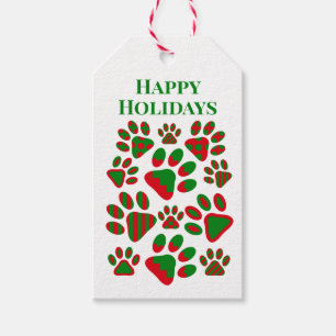 Happy Holidays Red Green Patterned Paw Prints Gift Tags