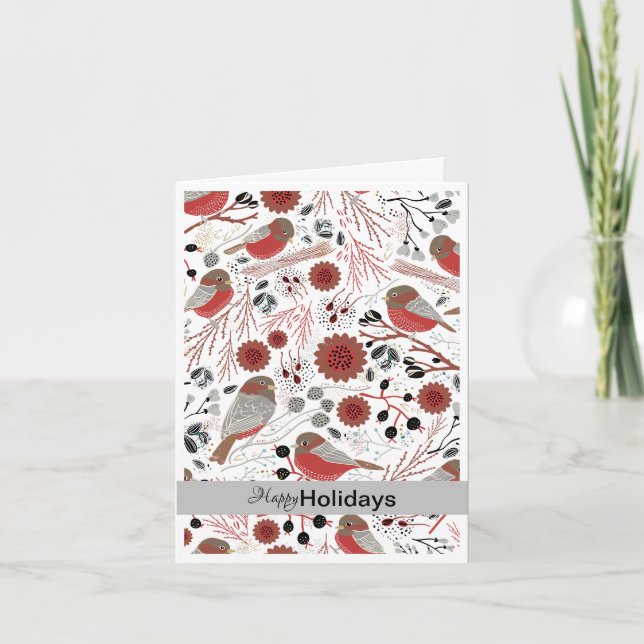 Happy Holidays Red Grey Chickadees Card (Front)