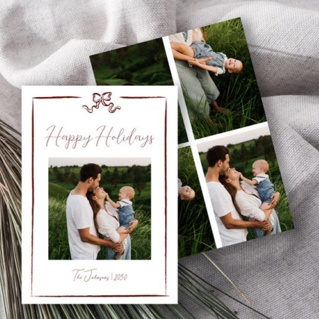 Happy Holidays Red Hand Drawn Bow Five Photo Invitation (Creator Uploaded)