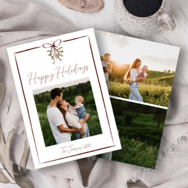 Happy Holidays Red Hand Drawn Bow Winter 3 Photo Invitation (Creator Uploaded)