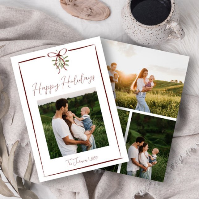 Happy Holidays Red Hand Drawn Bow Winter 4 Photo Invitation (Creator Uploaded)