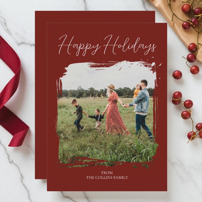 Happy Holidays Red Modern Script Minimalist Photo Holiday Card (Happy Holidays Red Modern Script Minimalist Photo Holiday Card)