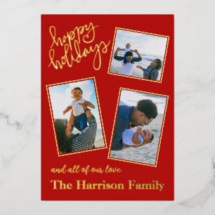 Happy Holidays Red Personalised 4 Photo Gold