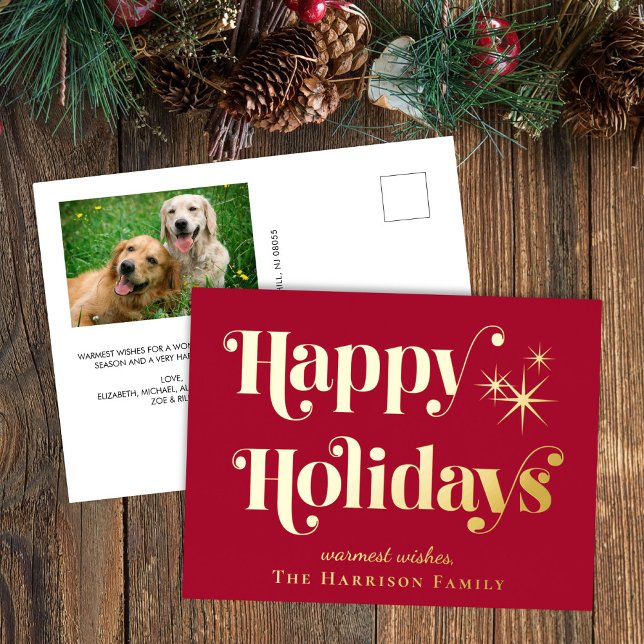 Happy Holidays Red Photo Christmas Foil Holiday Postcard (Creator Uploaded)