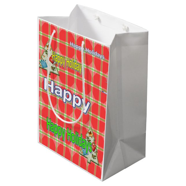 Happy Holidays Red Plaid Christmas Gift Bags (Back Angled)