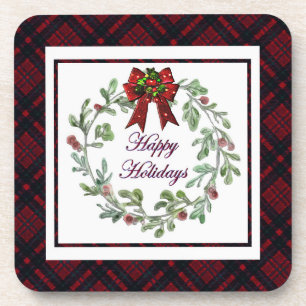 Happy Holidays Red Plaid Coaster