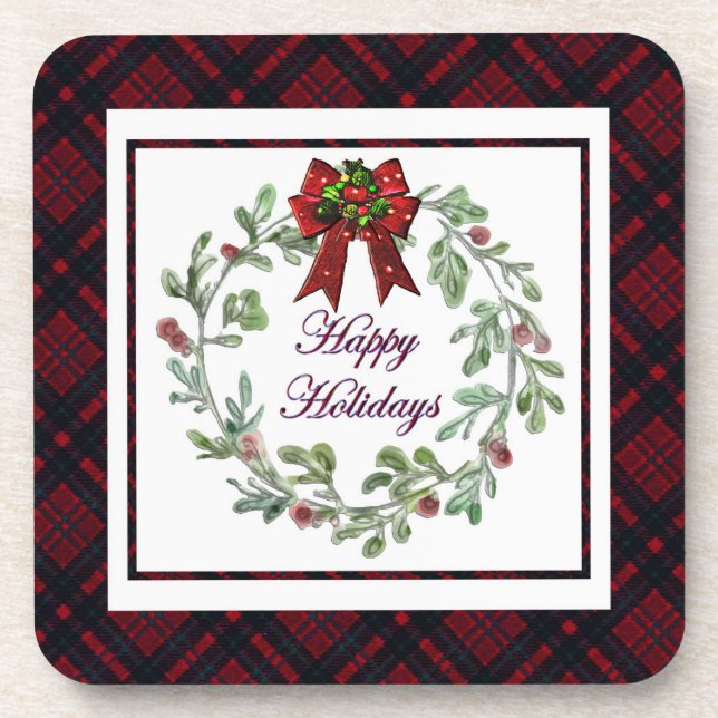 Happy Holidays Red Plaid Coaster (Front)