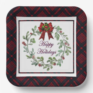 Happy Holidays Red Plaid Paper Plate