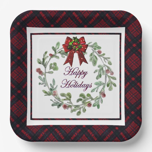 Happy Holidays Red Plaid Paper Plate (Front)