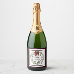 Happy Holidays Red Plaid Sparkling Wine Label