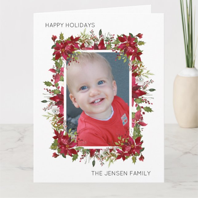 Happy Holidays Red Poinsettias Greenery White Card (Front)