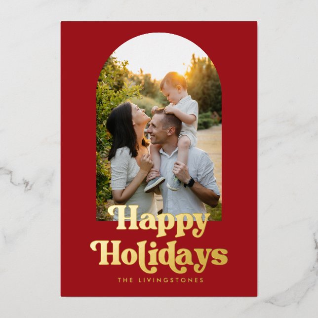 Happy Holidays Red Retro Type Arch Photo Gold (Front)