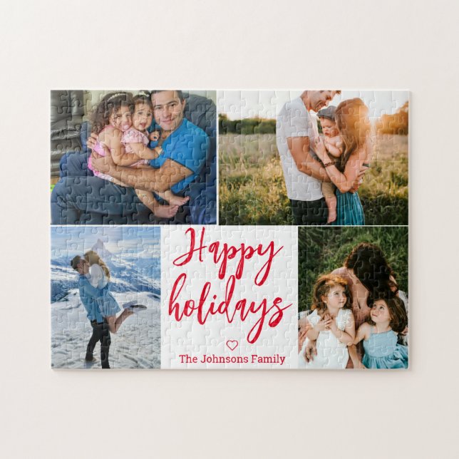 happy holidays red script 4 photos christmas jigsaw puzzle (Horizontal)