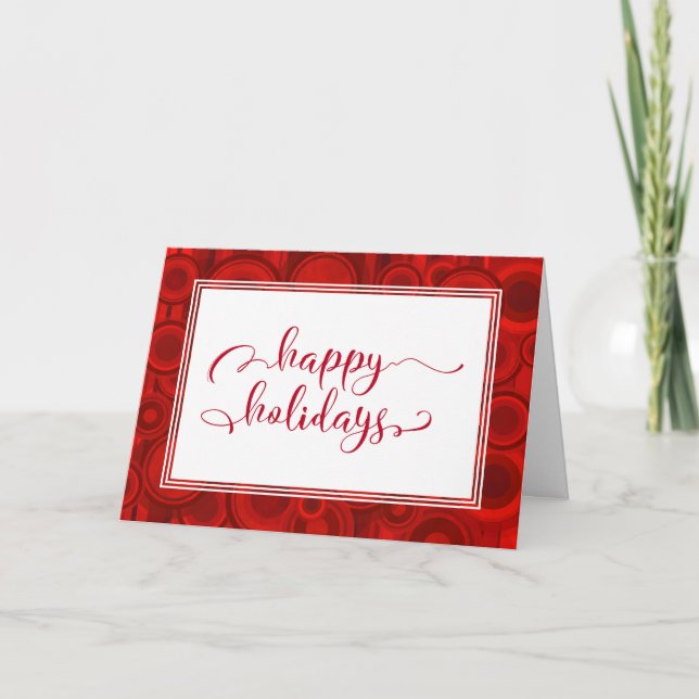 Happy Holidays Red Script w/ Circles & Stripes Holiday Card (Front)