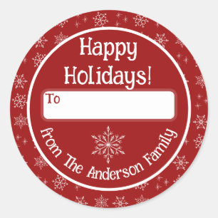 Happy Holidays Red Sticker with Snowflakes