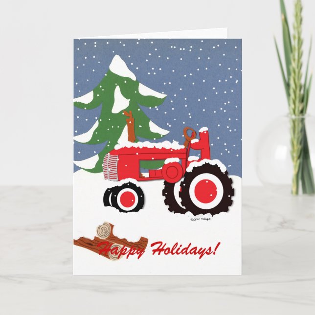 Happy Holidays Red Tractor Holiday Card (Front)