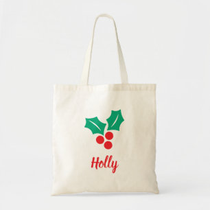 Happy Holidays Red White Green Holly Custom Name Tote Bag