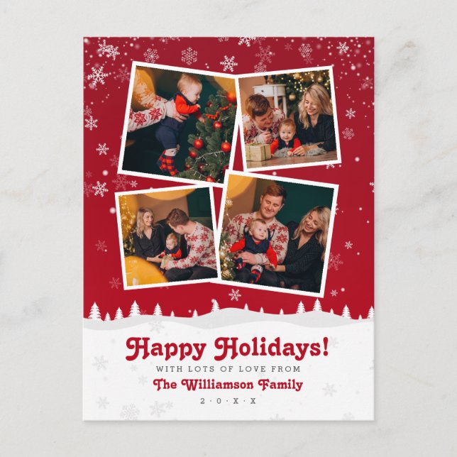 Happy Holidays! Red & White Modern Snowy Christmas Holiday Postcard (Front)