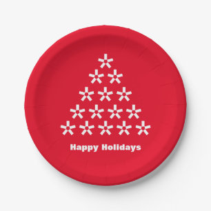 Happy Holidays red white snow Stars Tree Paper Plate