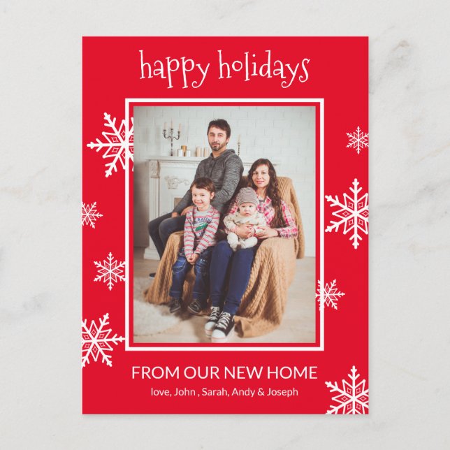 Happy Holidays Red & White Snowflakes Photo Moving Announcement Postcard (Front)