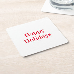 "Happy Holidays" red white Square Paper Coaster