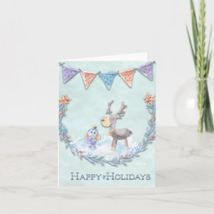 Happy Holidays Reindeer Bunny Wreath Snow NoteCard