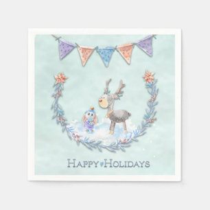 Happy Holidays Reindeer Bunny Wreath Snow Scene    Napkin