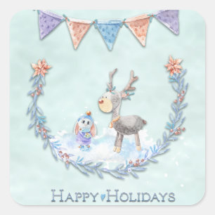 Happy Holidays Reindeer Bunny Wreath Snow Scene    Square Sticker